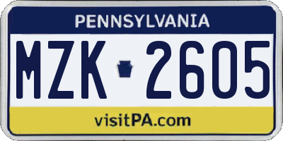 PA license plate MZK2605
