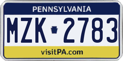 PA license plate MZK2783