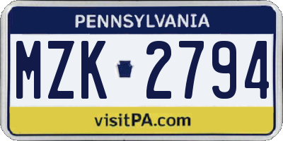 PA license plate MZK2794