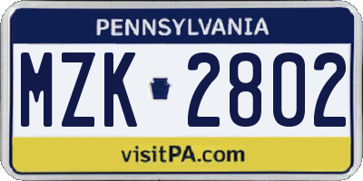 PA license plate MZK2802