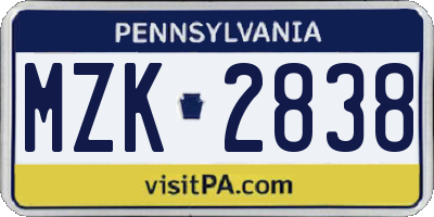 PA license plate MZK2838