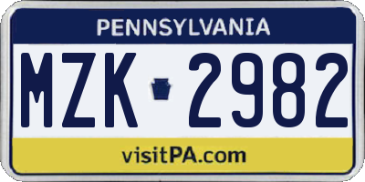 PA license plate MZK2982