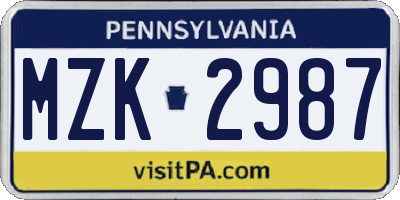 PA license plate MZK2987