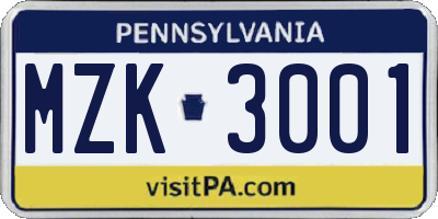 PA license plate MZK3001