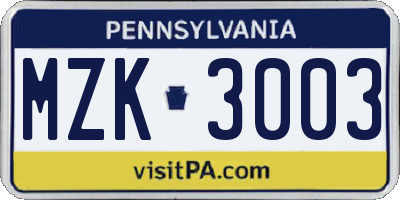 PA license plate MZK3003