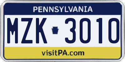 PA license plate MZK3010