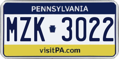 PA license plate MZK3022