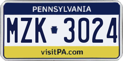 PA license plate MZK3024