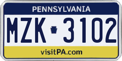 PA license plate MZK3102