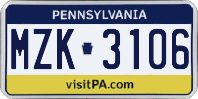 PA license plate MZK3106