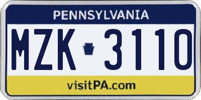 PA license plate MZK3110