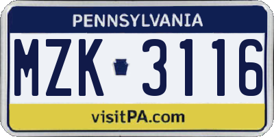 PA license plate MZK3116