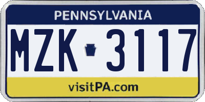 PA license plate MZK3117