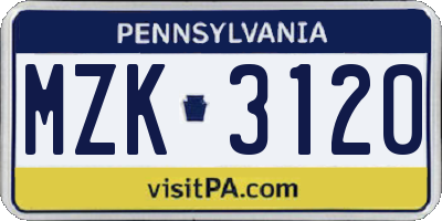 PA license plate MZK3120