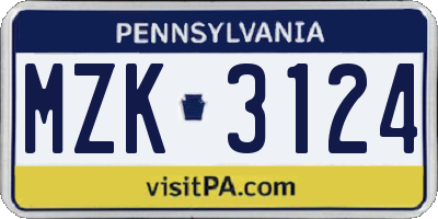PA license plate MZK3124