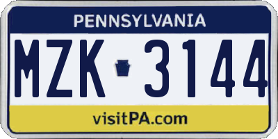 PA license plate MZK3144