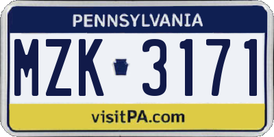 PA license plate MZK3171