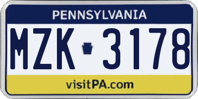 PA license plate MZK3178