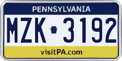 PA license plate MZK3192