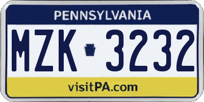 PA license plate MZK3232