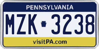 PA license plate MZK3238