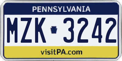 PA license plate MZK3242