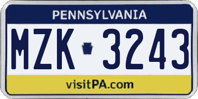PA license plate MZK3243