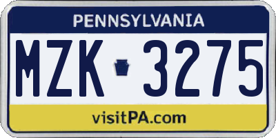 PA license plate MZK3275