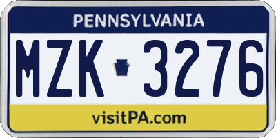 PA license plate MZK3276