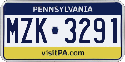 PA license plate MZK3291