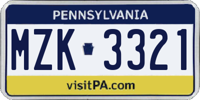 PA license plate MZK3321