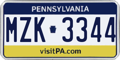 PA license plate MZK3344