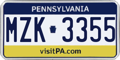 PA license plate MZK3355