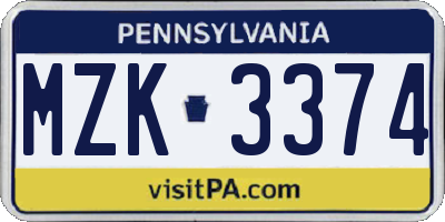 PA license plate MZK3374