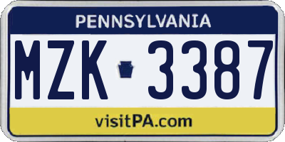 PA license plate MZK3387