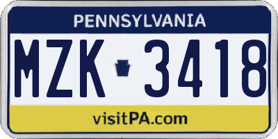 PA license plate MZK3418
