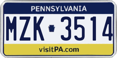 PA license plate MZK3514