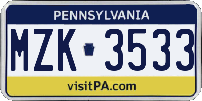 PA license plate MZK3533