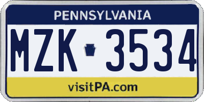 PA license plate MZK3534