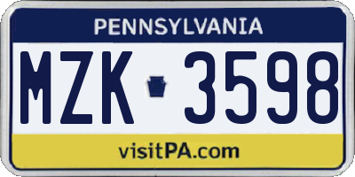 PA license plate MZK3598