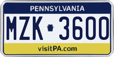 PA license plate MZK3600