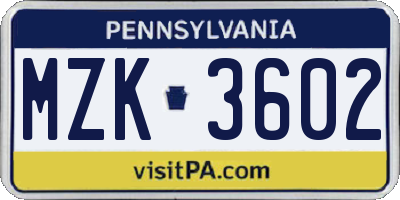 PA license plate MZK3602