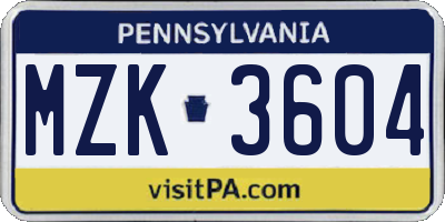 PA license plate MZK3604