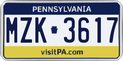 PA license plate MZK3617
