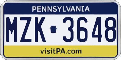 PA license plate MZK3648