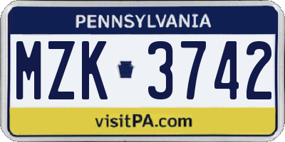 PA license plate MZK3742