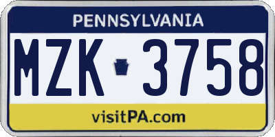 PA license plate MZK3758