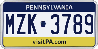 PA license plate MZK3789
