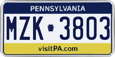 PA license plate MZK3803