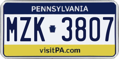 PA license plate MZK3807